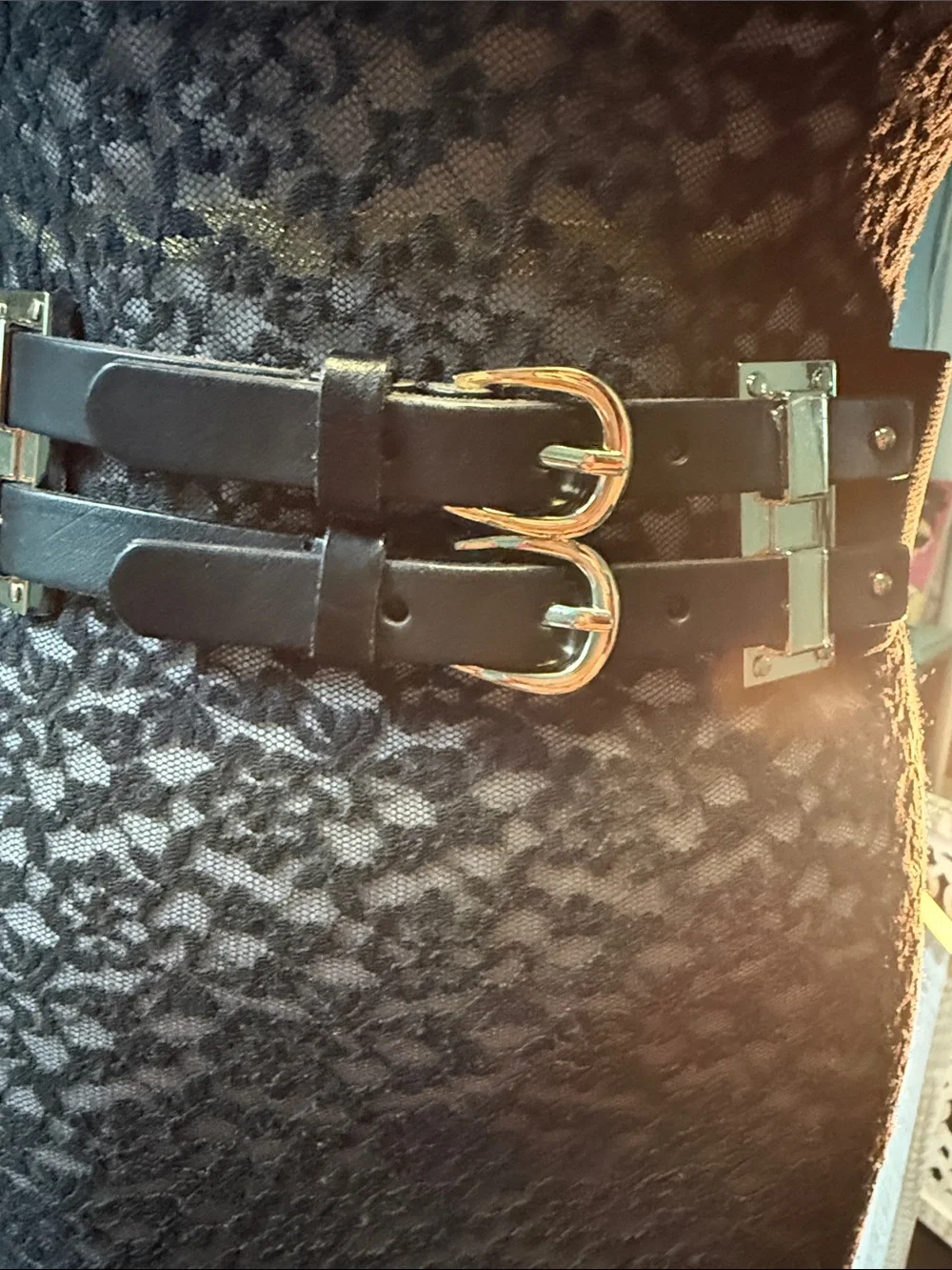 White House Black Market Black and gold Double-Buckle Waist Belt